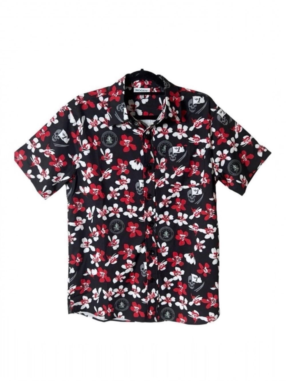 Roody Mens Black Red White Skull Hawaiian Floral Button Down Shirt‎ Size Medium